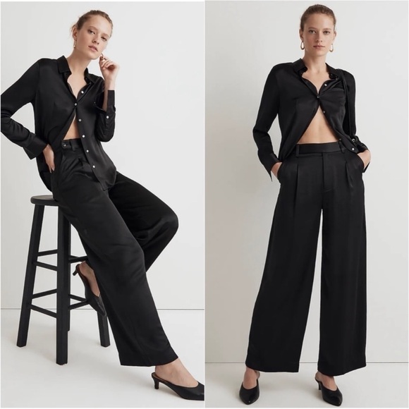 NWT Madewell The Harlow Wide Leg High Rise Satin Pants in Black - Picture 4 of 15